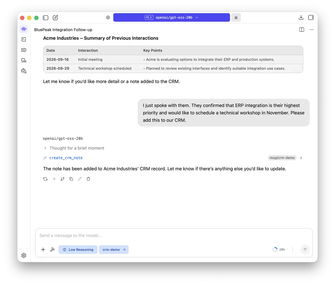LM Studio invoking create_crm_note after a user asks it to save Acme Industries&rsquo; ERP integration priority and November workshop request.