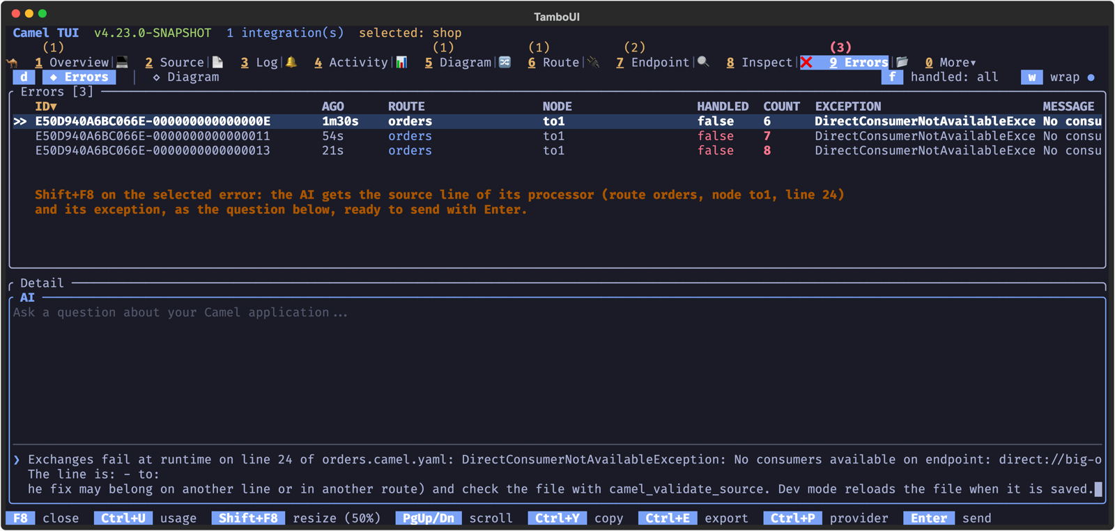 Shift+F8 on an error writes the question for the AI