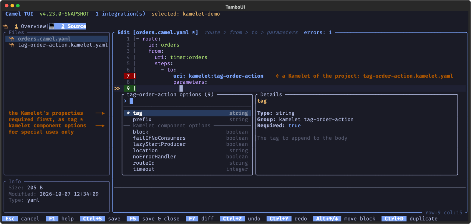 Tab under the parameters of a kamelet: endpoint lists the properties of the Kamelet first