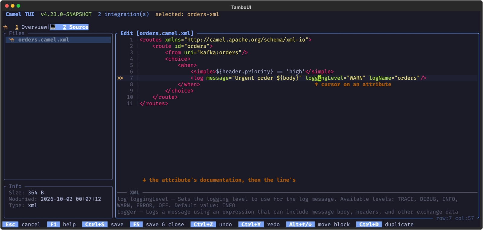 The documentation of the loggingLevel attribute the cursor is on